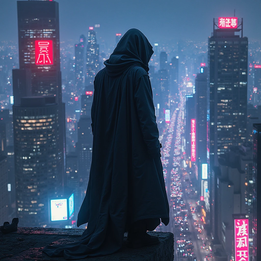 neon at night, the,A mysterious figure stands on the edge of the roof of a tall building,Wearing a black trench coat,background blends into the gorgeous city lights