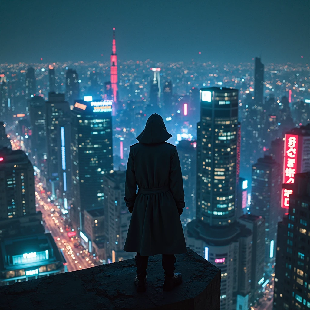 neon at night, the,A mysterious figure stands on the edge of the roof of a tall building,Wearing a black trench coat,background blends into the gorgeous city lights