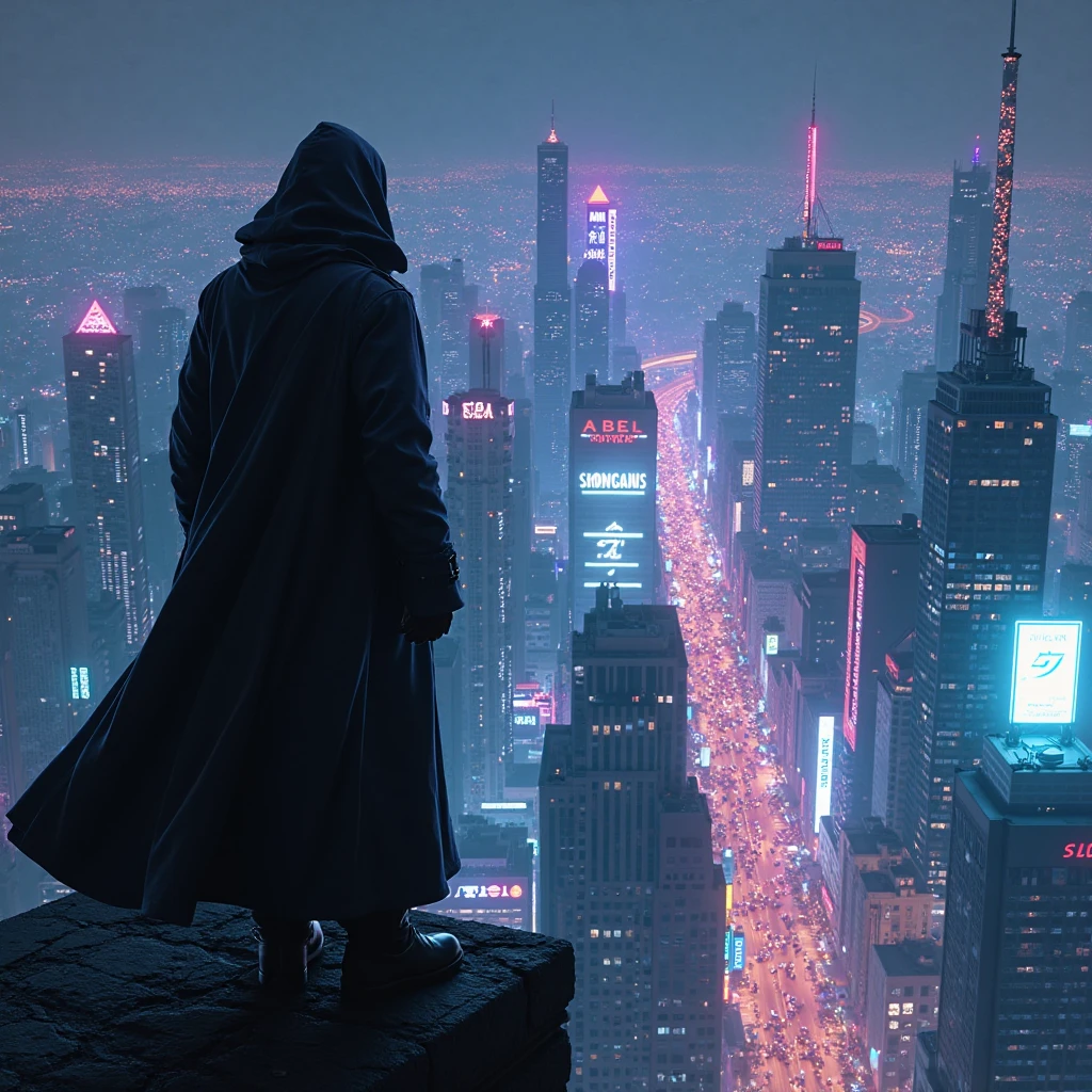 neon at night, the,A mysterious figure stands on the edge of the roof of a tall building,Wearing a black trench coat,background blends into the gorgeous city lights