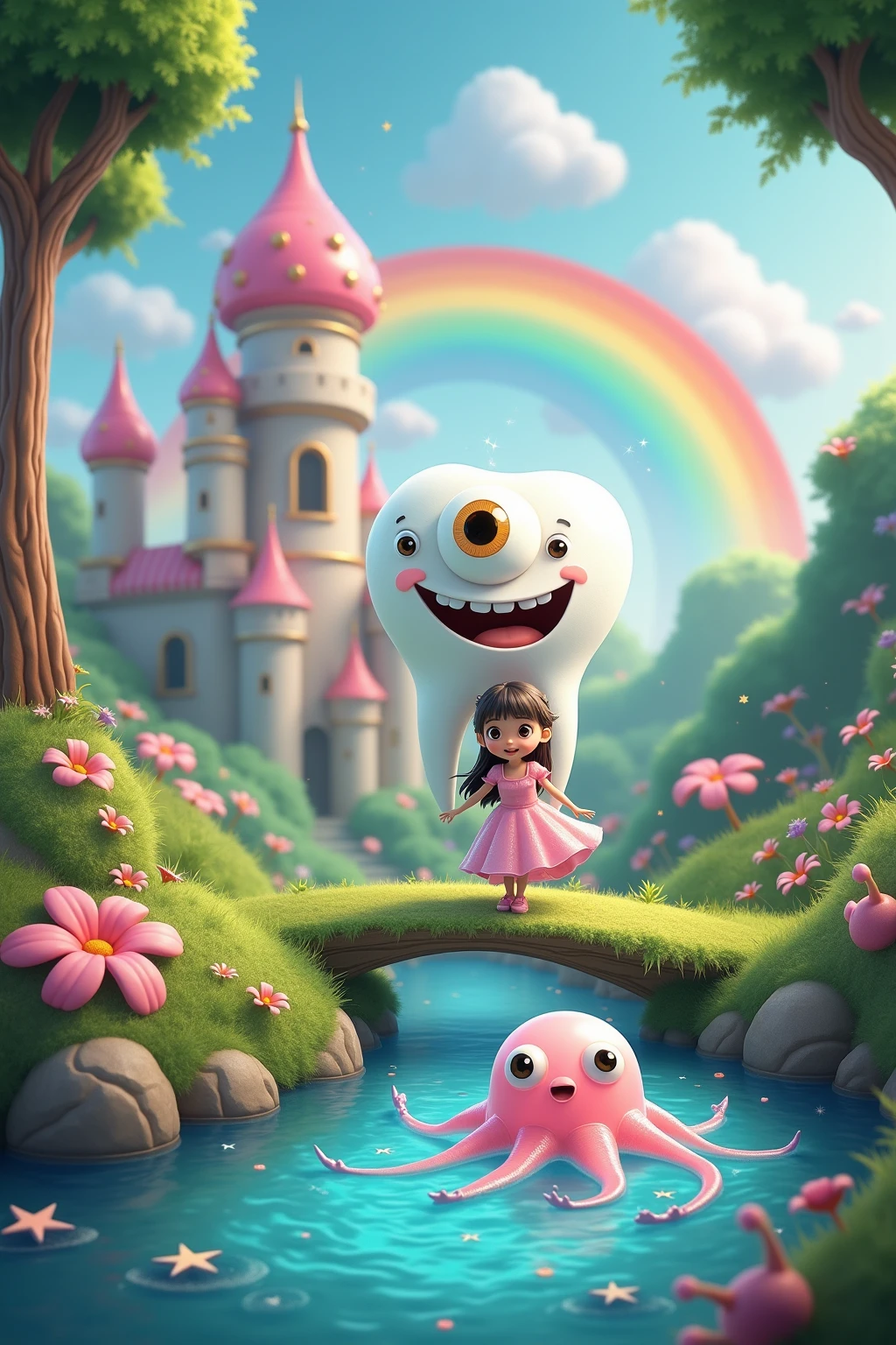 A whimsical, The one-eyed creature moves with a blurry texture,has a fairytale vibe. The center is a huge tooth,A bright rainbow arches gracefully,reflecting a marshmallow sky. Below, A big-eyed、A castle with a pink domed tower appears, surrounded by strange things, green color, A sparkling river meanders through. A sparkling river meanders through, 反射着环境中柔和的粉红色和紫色.
In the background, A sense of wonder and imagination, A translucent jellyfish with long tendrils floats on it {x} A cartoon little girl in a pink dress stands cheerfully {x} The presence of bright stars and spinning clouds adds color to the magic {x} The bridge and gold embellishments sparkle in the sun. reflects the soft pink and purple colors of the environment, that adds a touch of ethereal. A lush、Colorful leaves adorn the landscape, creates an idyllic and charming atmosphere. A soft-colored scene unfolds in a fantastic landscape, The surreal quality of this fantasy world, Every element harmonizes,唤起一种惊奇和想象力的感觉.