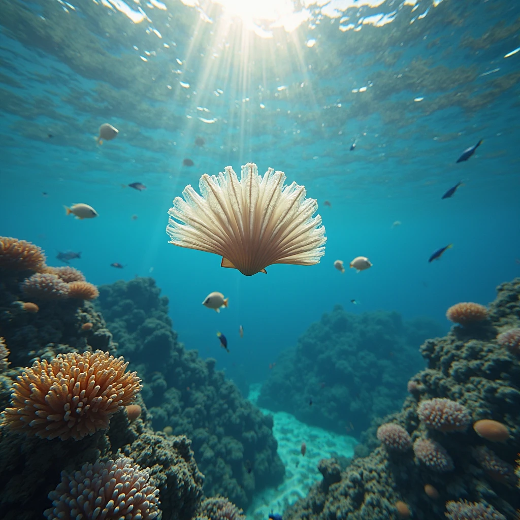 Island view,Shell elves float on the clear surface of the sea,The small and exquisite body exudes a pearl-like luster,Surrounded by colorful corals and groups of tropical fish,The sun forms fantastic light spots through the surface of the water,Distant top-down view