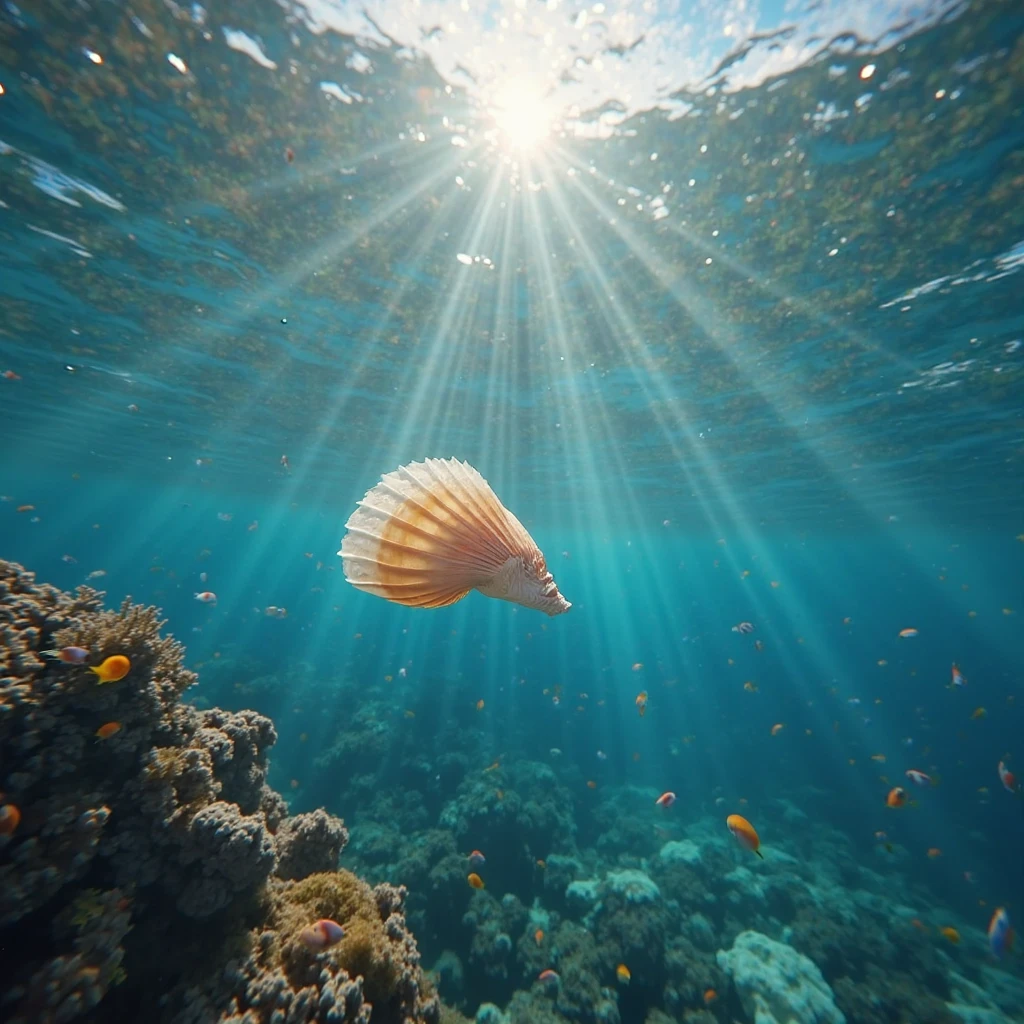 Island view,Shell elves float on the clear surface of the sea,The small and exquisite body exudes a pearl-like luster,Surrounded by colorful corals and groups of tropical fish,The sun forms fantastic light spots through the surface of the water,Distant top-down view