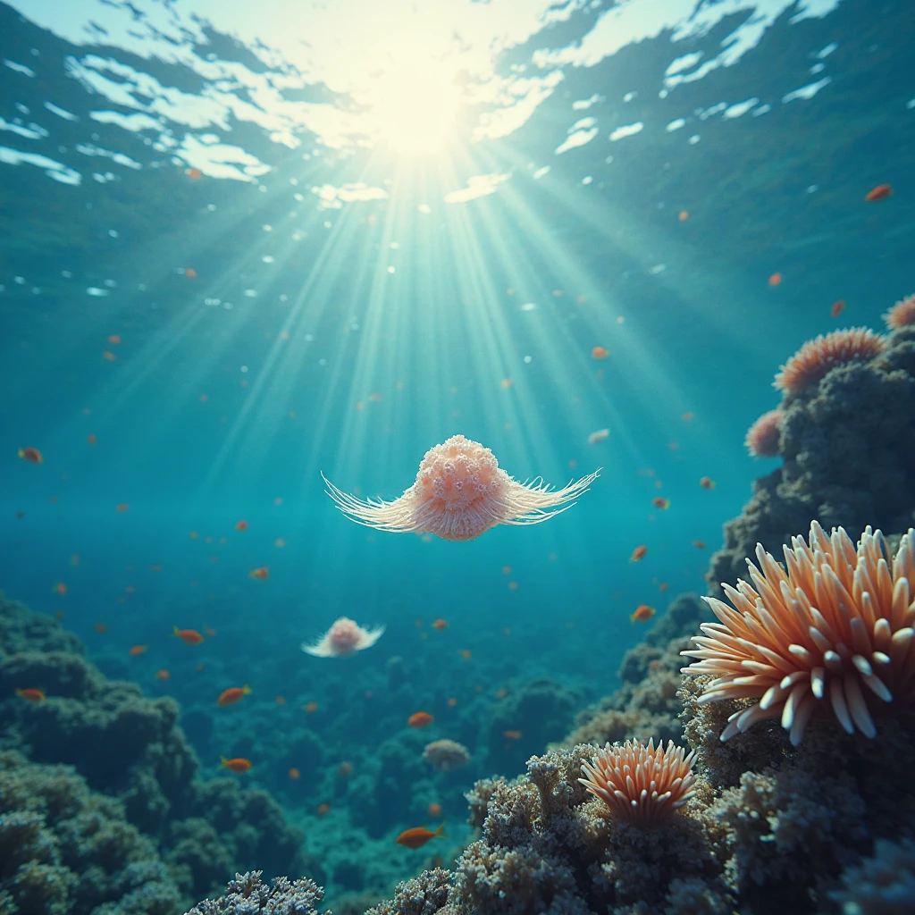 Island view,Shell elves float on the clear surface of the sea,The small and exquisite body exudes a pearl-like luster,Surrounded by colorful corals and groups of tropical fish,The sun forms fantastic light spots through the surface of the water,Distant top-down view