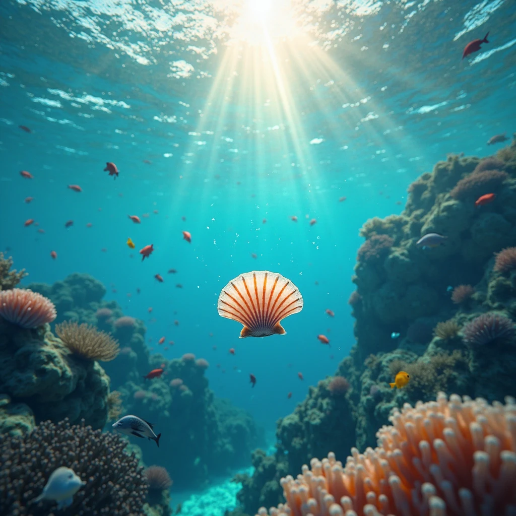 Island view,Shell elves float on the clear surface of the sea,The small and exquisite body exudes a pearl-like luster,Surrounded by colorful corals and groups of tropical fish,The sun forms fantastic light spots through the surface of the water,Distant top-down view