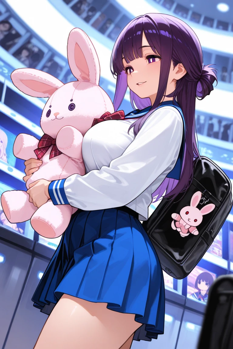 masterpiece,Best quality,Amazing quality,up-to-date,超High resolution,High resolution,up-to-date,Side view,View from below,Dutch angle,1 girl,perfect eyes,Detailed Eyes,mature woman,齐By bangs,Long hair,hair straight,looking at the audience,Slightly open lips,faint smile,Plump breasts,a sailor suit,untied red plaid bow tie,Pleated skirt in blue color,鎖骨,collared shir,(holding a pink rabbit plush toy),bookbag,point to,Trinkets,Game hall,Doll catching machine,rich background,volumettic light,Depth of field,shadowing,fern,By bangs,Purple eyes,purple hair,Lateral hair,平齐By bangs,Bright pupils,Half-tied hairstyle,joy