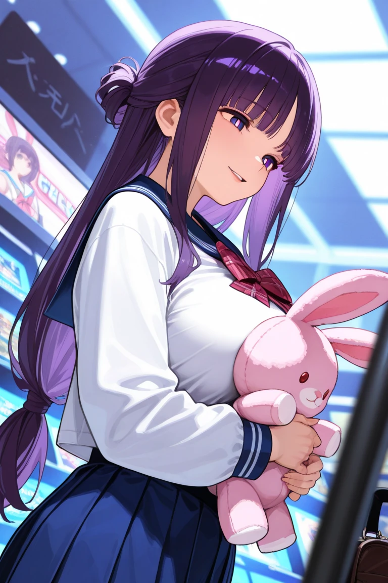 masterpiece,Best quality,Amazing quality,up-to-date,超High resolution,High resolution,up-to-date,Side view,View from below,Dutch angle,1 girl,perfect eyes,Detailed Eyes,mature woman,齐By bangs,Long hair,hair straight,looking at the audience,Slightly open lips,faint smile,Plump breasts,a sailor suit,untied red plaid bow tie,Pleated skirt in blue color,鎖骨,collared shir,(holding a pink rabbit plush toy),bookbag,point to,Trinkets,Game hall,Doll catching machine,rich background,volumettic light,Depth of field,shadowing,fern,By bangs,Purple eyes,purple hair,Lateral hair,平齐By bangs,Bright pupils,Half-tied hairstyle,joy