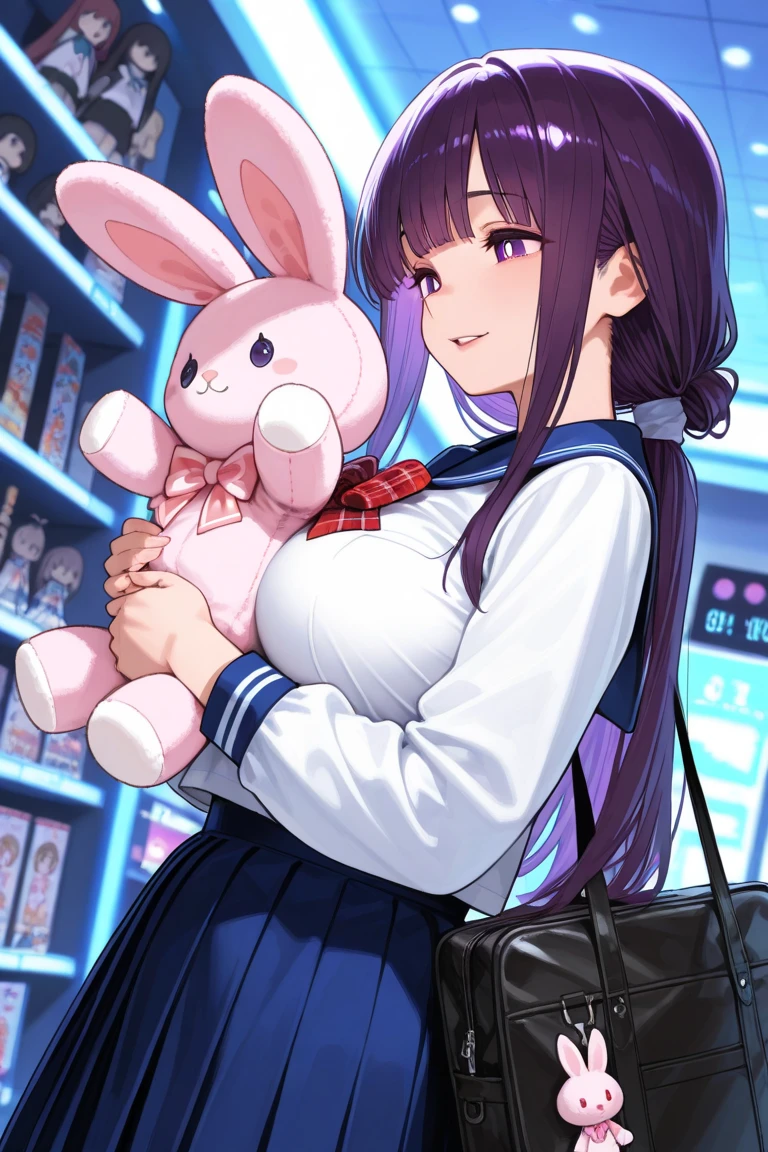 masterpiece,Best quality,Amazing quality,up-to-date,超High resolution,High resolution,up-to-date,Side view,View from below,Dutch angle,1 girl,perfect eyes,Detailed Eyes,mature woman,齐By bangs,Long hair,hair straight,looking at the audience,Slightly open lips,faint smile,Plump breasts,a sailor suit,untied red plaid bow tie,Pleated skirt in blue color,鎖骨,collared shir,(holding a pink rabbit plush toy),bookbag,point to,Trinkets,Game hall,Doll catching machine,rich background,volumettic light,Depth of field,shadowing,fern,By bangs,Purple eyes,purple hair,Lateral hair,平齐By bangs,Bright pupils,Half-tied hairstyle,joy