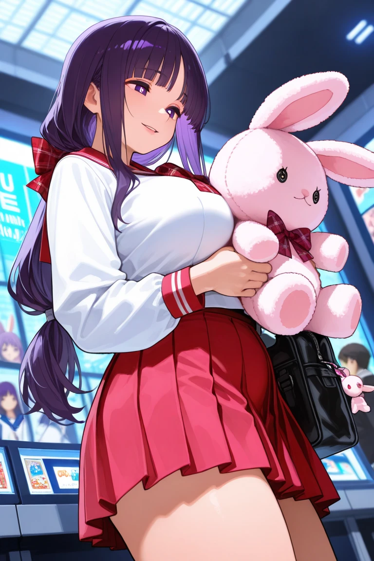 masterpiece,Best quality,Amazing quality,up-to-date,超High resolution,High resolution,up-to-date,Side view,View from below,Dutch angle,1 girl,perfect eyes,Detailed Eyes,mature woman,齐By bangs,Long hair,hair straight,looking at the audience,Slightly open lips,faint smile,Plump breasts,a sailor suit,untied red plaid bow tie,Pleated skirt in blue color,鎖骨,collared shir,(holding a pink rabbit plush toy),bookbag,point to,Trinkets,Game hall,Doll catching machine,rich background,volumettic light,Depth of field,shadowing,fern,By bangs,Purple eyes,purple hair,Lateral hair,平齐By bangs,Bright pupils,Half-tied hairstyle,joy
