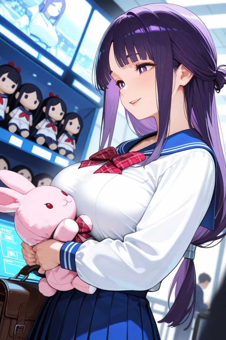 masterpiece,Best quality,Amazing quality,up-to-date,超High resolution,High resolution,up-to-date,Side view,View from below,Dutch angle,1 girl,perfect eyes,Detailed Eyes,mature woman,Qi bangs,Long hair,hair straight,looking at the audience,Slightly open lips,faint smile,Plump breasts,a sailor suit,untied red plaid bow tie,Pleated skirt in blue color,鎖骨,collared shir,(holding a pink rabbit plush toy),bookbag,point to,Trinkets,Game hall,Doll catching machine,rich background,volumettic light,Depth of field,shadowing,fern,Dasdas,Purple eyes,purple hair,Lateral hair,平Qi bangs,Bright pupils,Half-tied hairstyle,joy