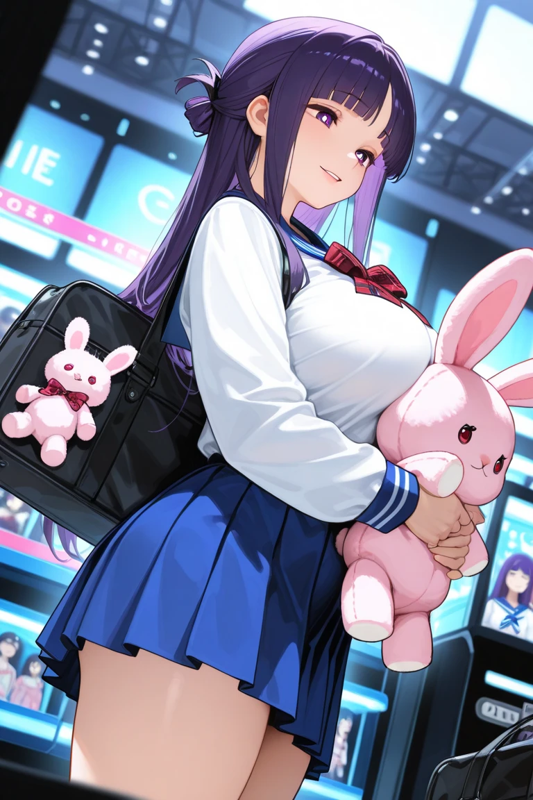 masterpiece,Best quality,Amazing quality,up-to-date,超High resolution,High resolution,up-to-date,Side view,View from below,Dutch angle,1 girl,perfect eyes,Detailed Eyes,mature woman,Qi bangs,Long hair,hair straight,looking at the audience,Slightly open lips,faint smile,Plump breasts,a sailor suit,untied red plaid bow tie,Pleated skirt in blue color,鎖骨,collared shir,(holding a pink rabbit plush toy),bookbag,point to,Trinkets,Game hall,Doll catching machine,rich background,volumettic light,Depth of field,shadowing,fern,Dasdas,Purple eyes,purple hair,Lateral hair,平Qi bangs,Bright pupils,Half-tied hairstyle,joy