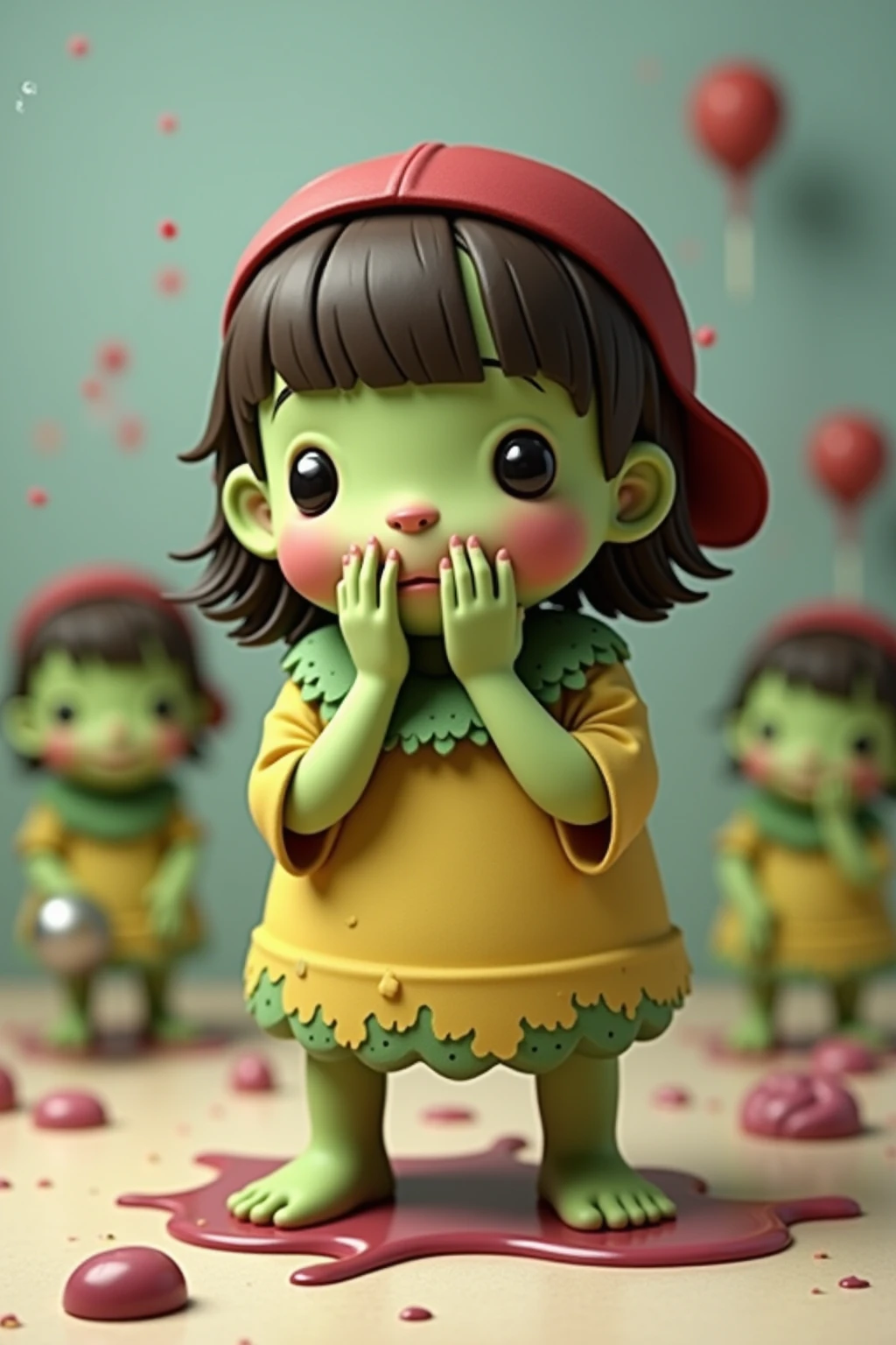 sudden,out of the leftover cake scraps,and drill a bunch of small and ugly、Slimy、“Germ Little Bad” with a disgusting color(design exaggerate,比如green色、palm tree色,Take a small hammer、Little drill bit)。they make a strange “hehehe” laugh,rush to the little tooth guard。
“Germ Little Bad” design is ugly and funny enough(avoid being too scary),color use a dark、dirty color(green、palm tree、ash),The movements are lewd。