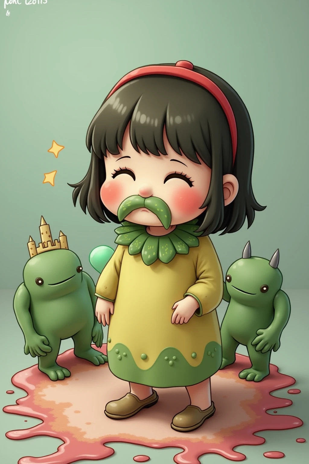 sudden,out of the leftover cake scraps,and drill a bunch of small and ugly、Slimy、“Germ Little Bad” with a disgusting color(design exaggerate,比如green色、palm tree色,Take a small hammer、Little drill bit)。they make a strange “hehehe” laugh,rush to the little tooth guard。
“Germ Little Bad” design is ugly and funny enough(avoid being too scary),color use a dark、dirty color(green、palm tree、ash),The movements are lewd。