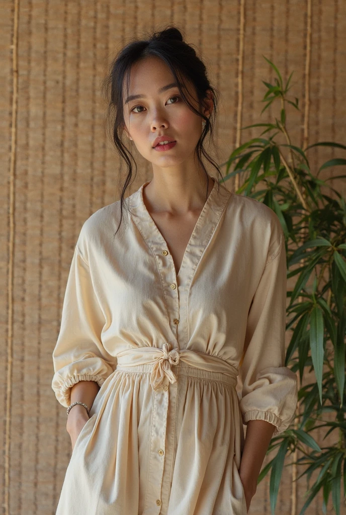 her name is Asako, high quality, 1girl, ((20-year-old fit Caucasian woman)), ((20 years old)), ((slim)), ((Korean Perm)), pose: standing, wearing trendsetting Generation-Z modern wear different colored, BACKGROUND: "Inside a traditional teahouse, experiencing a serene tea ceremony."