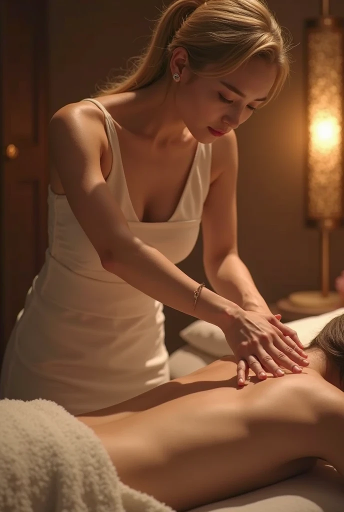 Professional photograph taken with a DSLR camera. A serene, luxurious room in a high-rise apartment with floor-to-ceiling windows showcasing a stunning nighttime cityscape. In the foreground, a Japanese female massage therapist is performing a massage. She is wearing black cutsew with only her arms exposed. Her expression is soft and gentle, with a subtle smile. Her skin appears smooth and flawless. The client, also a Japanese woman, lies on a massage table. Her eyes are closed, and her face shows a deeply relaxed, almost dreamy expression. She appears to be drifting off to sleep, completely at ease. Her skin also has a beautiful, healthy glow. The lighting is warm and soft, creating an intimate and calming atmosphere. The overall composition is balanced and aesthetically pleasing, capturing the essence of relaxation and professional care.