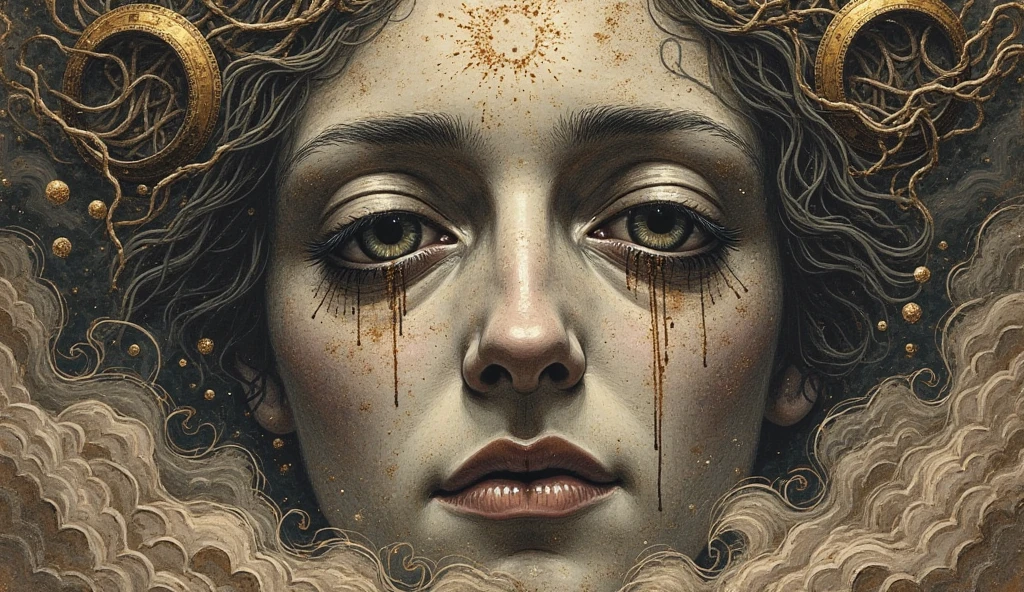 double exposure, fascinating detailed soft painting of a human face, melting sculpture sculpture of a beautiful sunset, made entirely of transitional elements with iridescent liquid in them, with tubes coming out of them, on a dark field with candles, muted colours, neoclassical, baroque, brutal architecture, in the style of Rembrandt