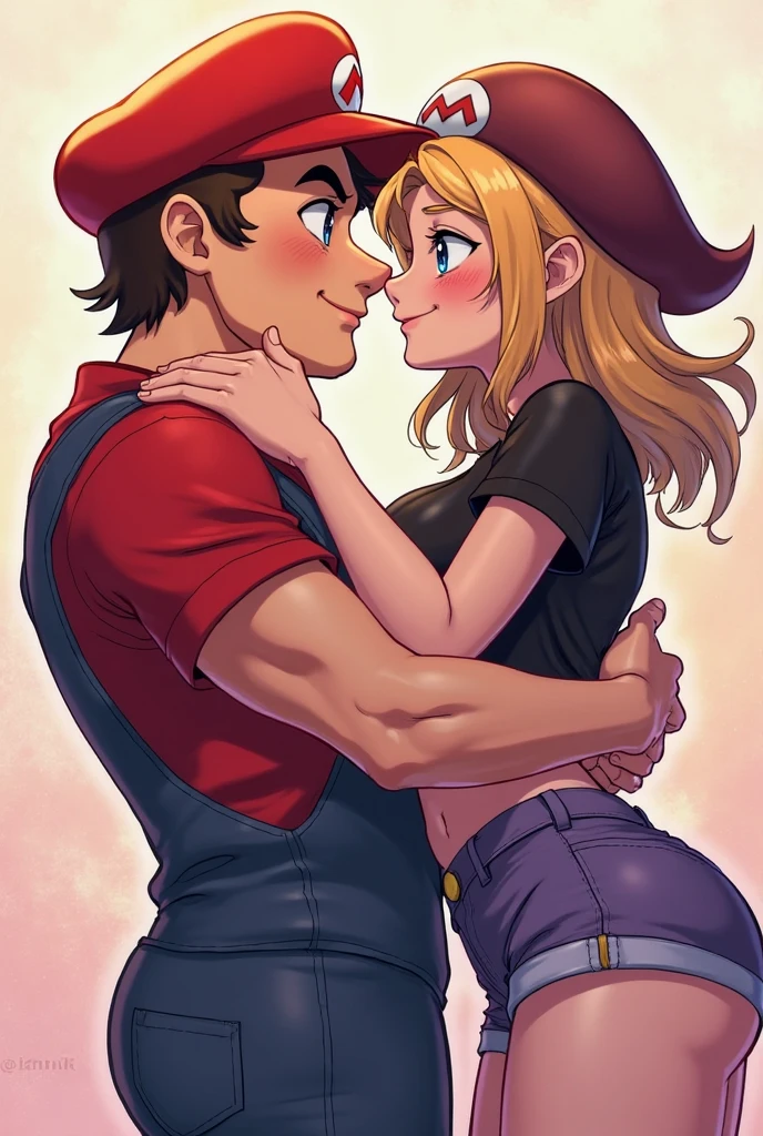 sex vaginal, anime style, medium breasts, small ass, princess peach (mario), blue eyes, blonde hair, anime art style, cheerleader outfit, upskirt, park, bench, sitting, looking towards each other, boy hands on ass, side view, topless,holding, missionary