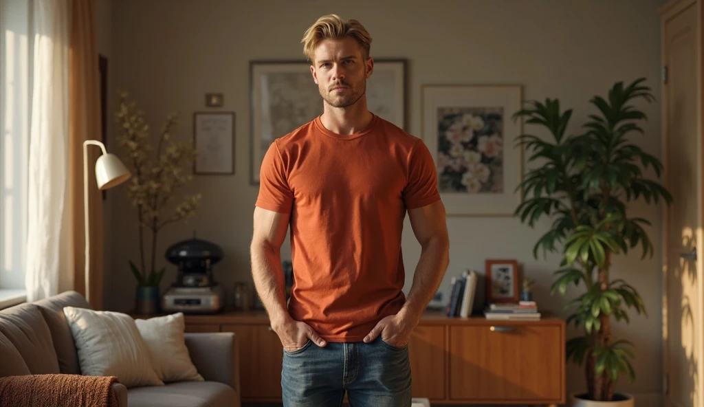 1 white man, muscular, large chest with hair, short wavy blond hair, sitting in the doorway, wearing short red shorts, door half open, white door, caramel colored walls, best quality, high definition