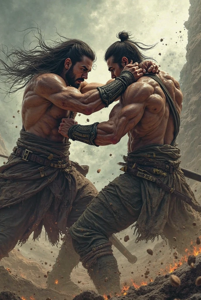Alha and Udal in Battle: Show the two warriors in the heat of battle, their swords clashing with enemy forces. The intensity of their fight should be palpable, with fierce expressions on their faces, and their muscular bodies reflecting their strength and determination. Surrounding them, depict fallen enemies and chaos, emphasizing their unmatched prowess.
