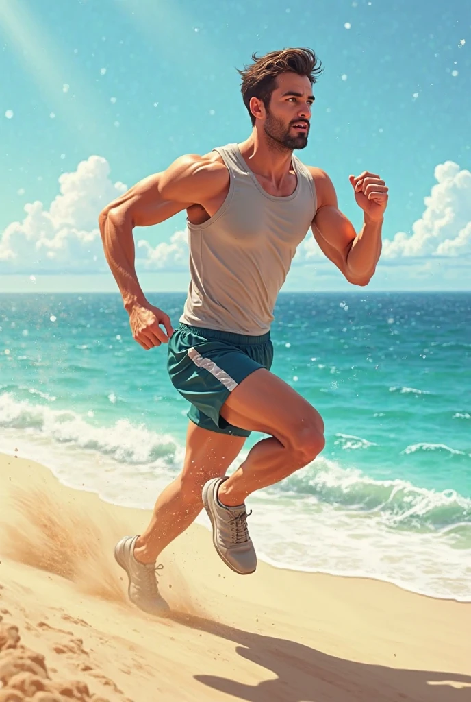 Arab man, cute face with mustache, sculpted body, broadshouldered, no hair on the body, Actual image , shorth hair, I want another variation of the same, now running on the beach in white swim trunks