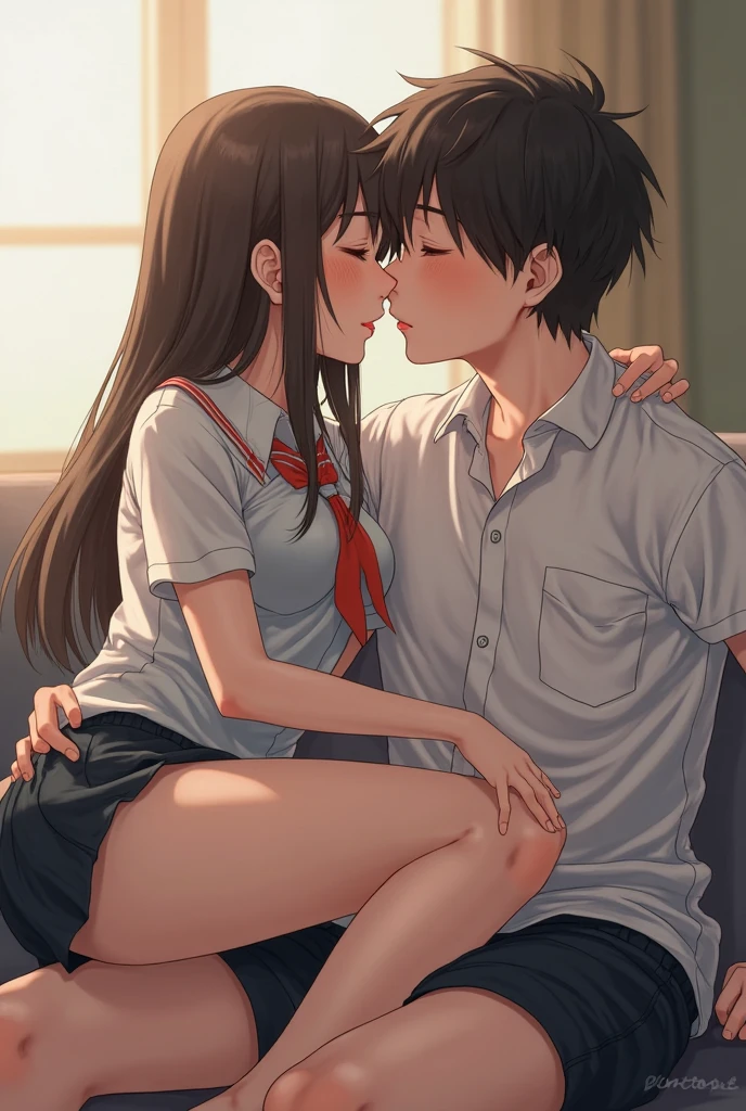 Young sexual girl wearing a red dress sitting on lap of young boy wearing a red and black flannel shirt and jeans who is sitting on a chair, sex with kissing, kiss, passionately, dim lighting, sexual, hot, lustful