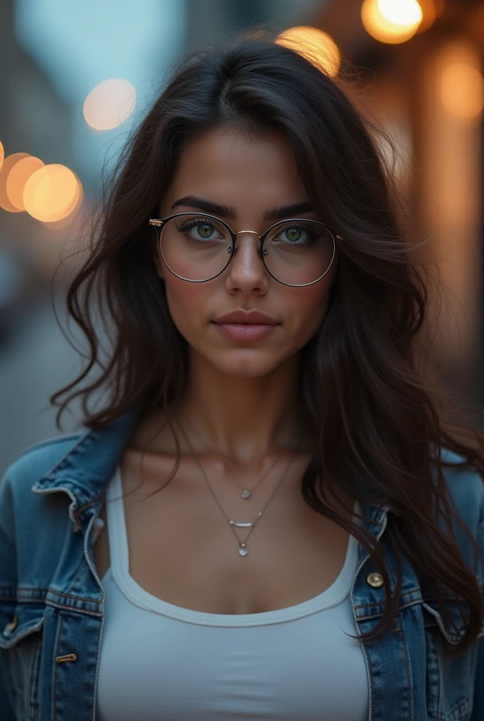 NSFW, qualité supérieure, Images RAW, vrai visage, hispanic, Fille incroyablement belle, Mignon, soyeux,Très beau,cheveux  chatains clairs, doux et brillants, piercing dans le nez, Profondeur des bordures écrites, Haute précision, très détaillé, très détaillé, étudiants pointus, de vrais étudiants, concentration intense, Éclairage de cinéma, (middle breasts:1.2), jumpsuit, lunettes, to show off a petit Mignon bra:1.5)))、