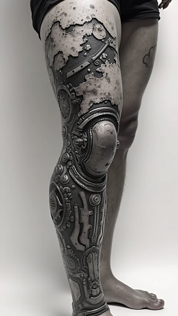 Create an image with the following information: a tattoo that turns your leg into a cycling machine. From the thigh, the design starts with a gear and chain linkage, representing the hip and the connection with the pedal stroke. going down the leg, the gears connect to a chain that snakes up to the knee, where ligaments are replaced by more gears and screws. The shin transforms into a bicycle frame structure, with tubes and rods that follow the natural contour of the leg. In the calf, a stylized pedal can be incorporated, with details such as screws and nuts that complement the mechanical design.

The ankle can be drawn as the axle of a wheel, with rays extending towards the foot. The entire design creates the illusion that the leg is part of a bicycle, mixing the organic with the mechanical.