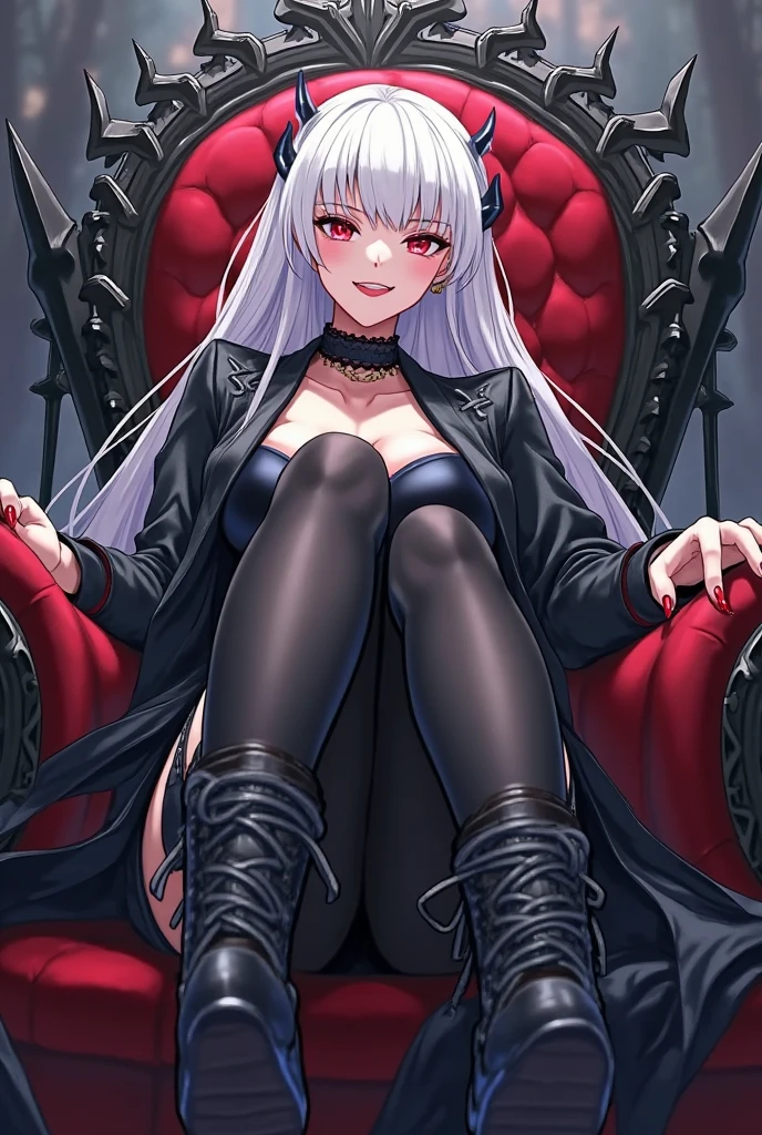 score_9, score_8_up, score_7_up, source_anime, enoshima junko, long hair, blue eyes, twintails, bangs, shirt, hair ornament, bear hair ornament, bow, red pleated skirt, choker, black shirt, white necktie, cleavage, bra, nail polish, red nails, cross-laced footwear, black knee high heeled boots, crossed_legs, sitting, chair, looking down, from bottom, looking at viewer femdom, sadism, penis, testicles, trampling, boots crushing penis, stepped_on, penis, sadism, cum on boots, footjob, nsfw, uncensored