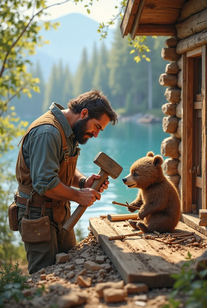 A bear is camping, with a child, In the wooden house