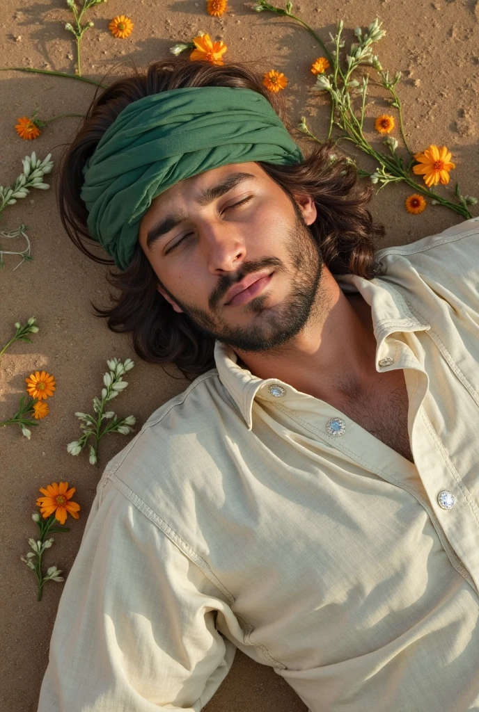 handsome man, topless, black hair, little beard, laying on the grass, sunny weather