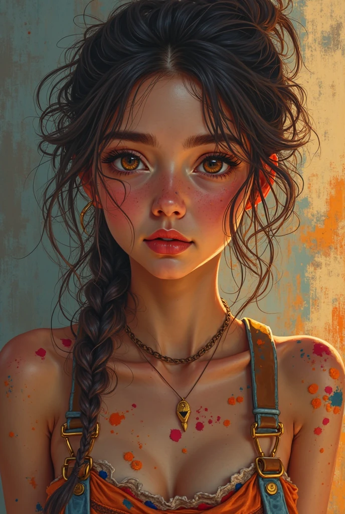 Geometric background:1.2, View your viewers, Cinema Lighting, Latex sticks to the skin, Soft Light, High Resolution Skins:1.2, Realistic skin texture, 14 years、Small Face、No makeup、, Off the shoulder,Bust B cup、Small cleavage, blue eyes, Braided Pigtails, Dark brown hair、Bold Pose、Geometric background