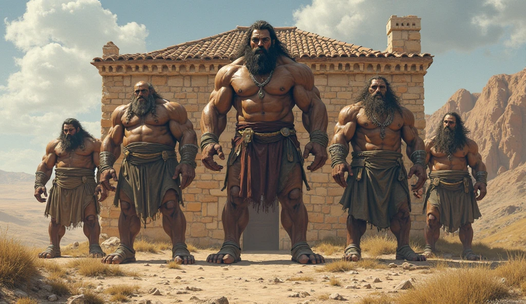 Hyperrealistic image of an Assyrian warrior embracing an African slave, a superhero sweating profusely with very long gray hair. an 80 year old man, body-builder, Very muscular, weighing over 200 kilos, with bare chest, large and sagging breasts, large tattoos, brown nipples. A large gray mustache. Wearing a skirt and leather sandals in front of a ruined temple