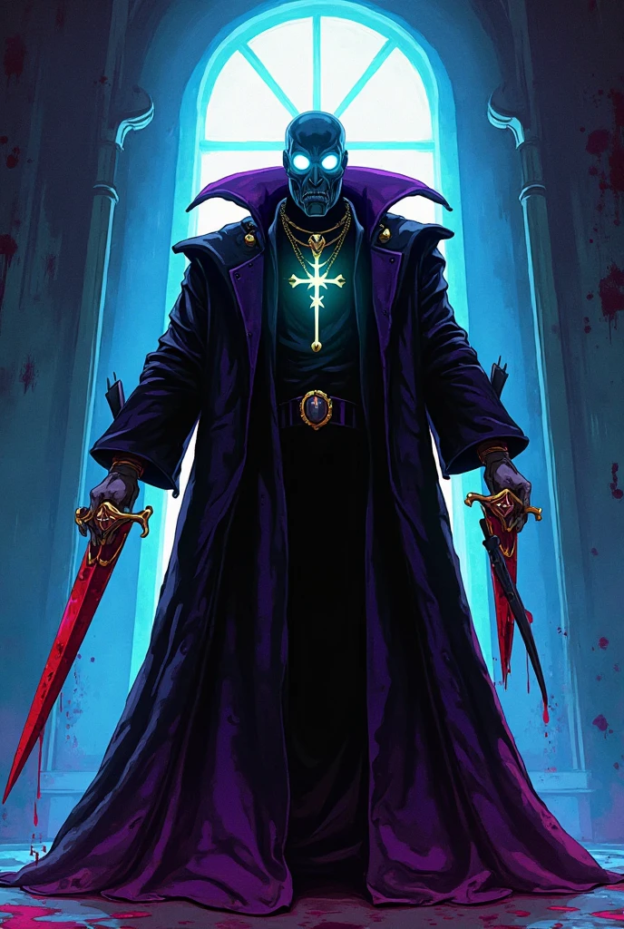skeletor, sorcerer, No hair, tons, technician, necromancer, pentagram collar on neck, cut scars on face, black cloth clothing, long black coat, black leather gloves, buckled black leather boots, sparks of vital energy around, dusty clothes, stoic expression, neutral expression, cemetery background, holding grimoire.