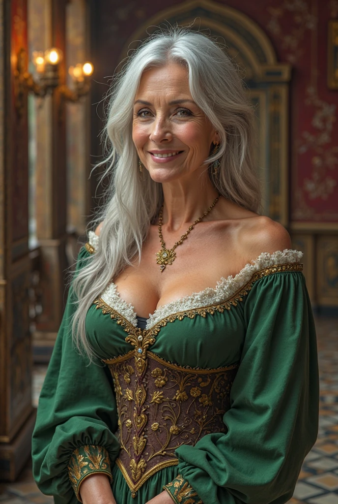 50 year old woman, with athletic (happy) white gray hair, firm, smooth skin, beautiful and sultry breasts with sharp facial features, long hair, big breasts wearing a renaissance dress, open shoulders, corset, green dress, At the renaissance fair, medieval village, luxury rooms.