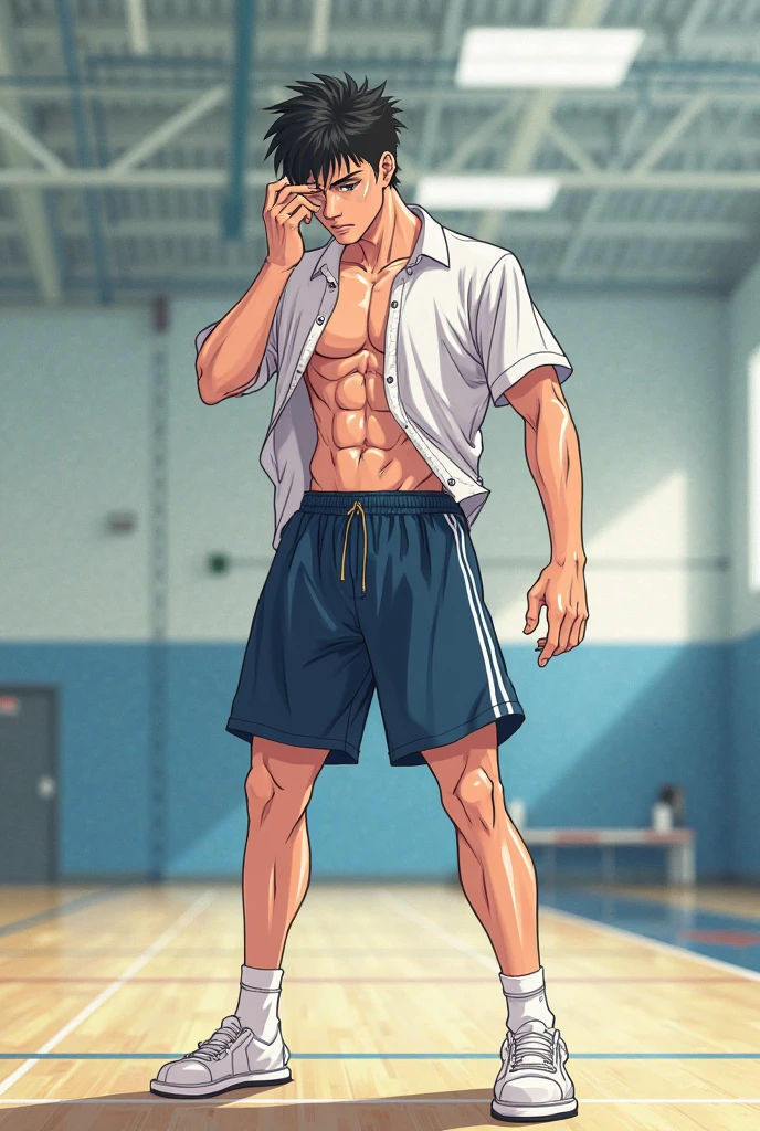 shirtless, super muscular, sweat-drenched body, dripping with sweat, 22-year old short black hair handsome caucasian male wearing sweat-drenched white boxing shorts and boxing shoes, panting, sitting on the bench, very exhausted, drenched with sweat, hand on the head, towel, bottled water, in the locker room