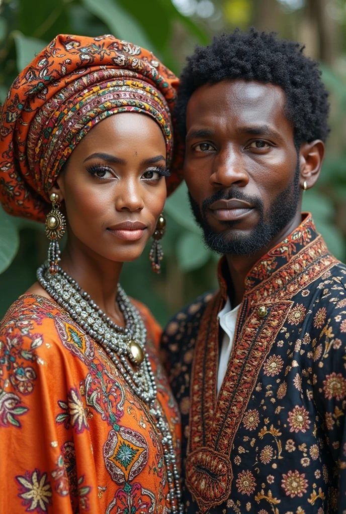 Strong-featured African man dressed in white with purple and silver with a silver cap and white bracelets and white necklaces , accompanied by an African woman in a colorful dress and copper necklaces with an amber cap 