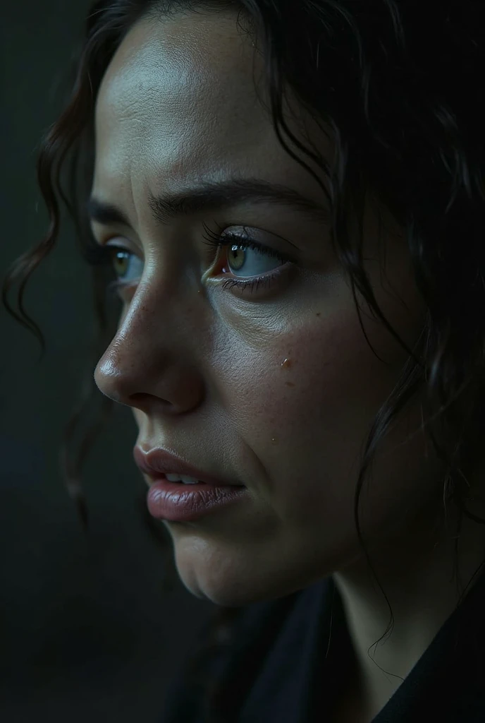 you look lonely scene, blade runner 2049, a girl in the rain, looking up, solo, beautiful detailed eyes, detailed facial features, dark brown eyes, dark brown hair, bandaid on face, bandaid on nose, blood on face, dramatic lighting, moody atmosphere, muted color palette, cinematic composition, (best quality,4k,8k,highres,masterpiece:1.2),ultra-detailed,(realistic,photorealistic,photo-realistic:1.37),dramatic lighting,cinematic,moody,muted colors
