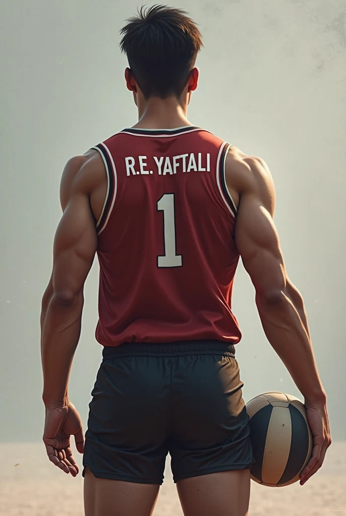 A male volleyball player standing turned with his volleyball his name in jersey is SRI VATSHAN and number as 01 tuning back aside in sunlight background 