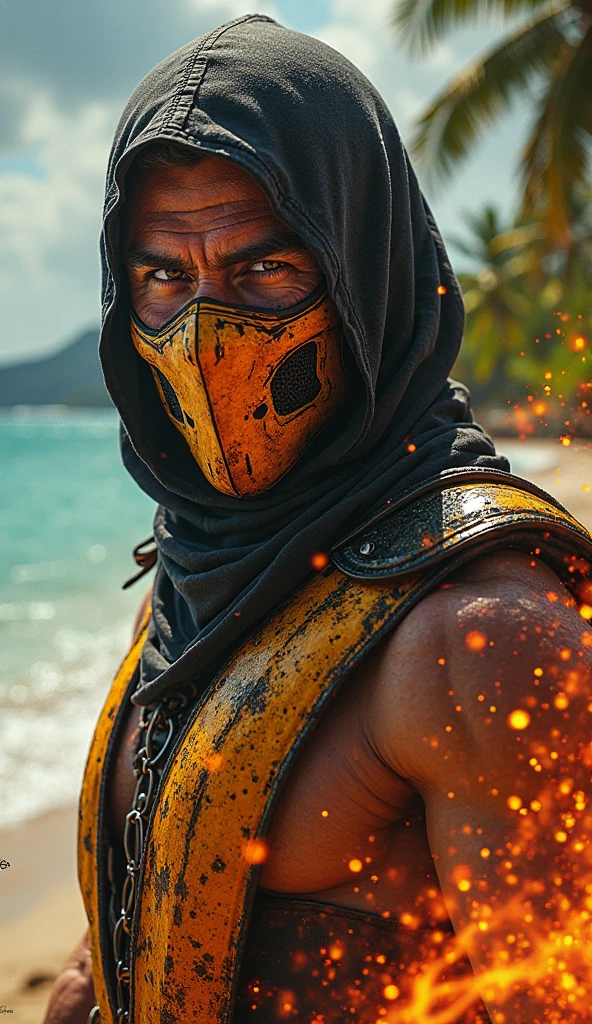 Free fire version a man in a beach hat, black mask, tattooed on the chest with light