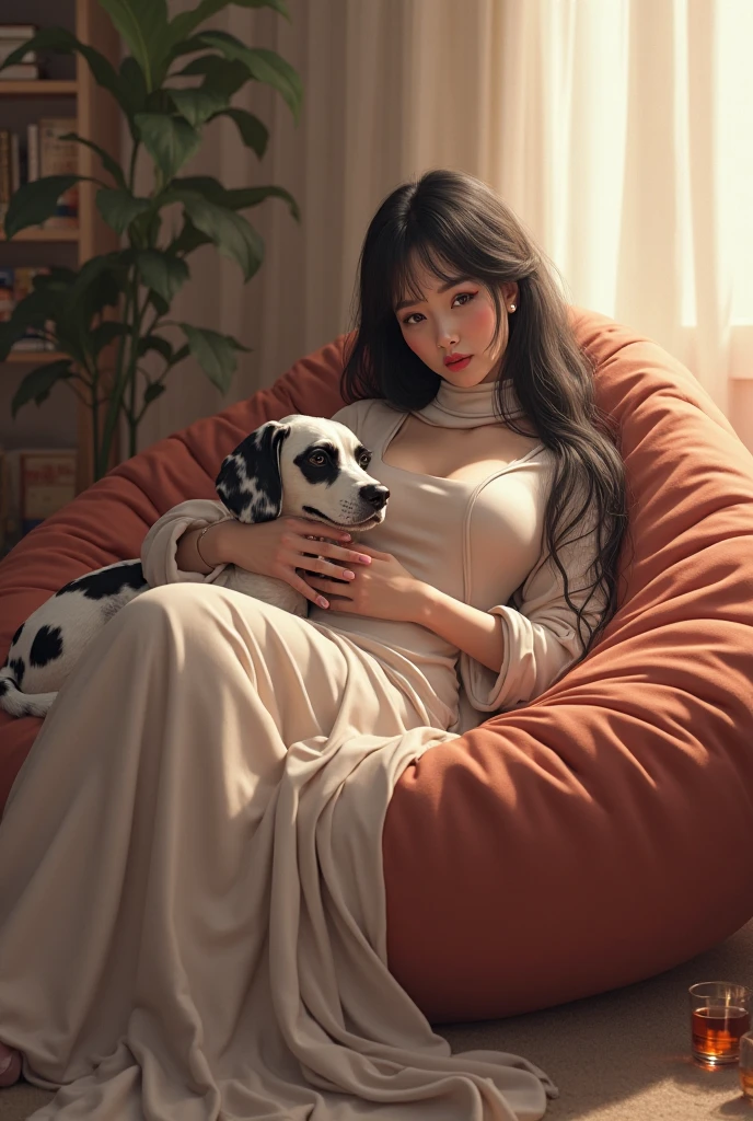 A sleeping Chinese woman, 25 years old, realistic, she wears blue jeans, a white t-shirt, and long black hair. High detail, high resolution. White skin, holding a white Pomeranian --auto --s2