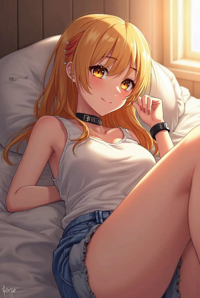 Girl with a nasty appearance:1.3)、(Bedrooms:1.5)、(and chest:1.4)、Raw photography, top-quality, hight resolution, (masterpiece), (Photorealsitic:1.4), (Mole under the eyes),Anime Cosplay, foco nítido, nffsw, 8K分辨率, intricate detailes, depth of fields, the Extremely Detailed CG Unity 8K Wallpapers, front lit, femele,25-years old、 Sleepy eyes、(Lying in bed:1.5)、(yawn:1.5)、see -through、(Medium Blonde Bangs Long)、Orange-eyed、(T-shirt and shorts:1.3)、Starry sky shining from the window、TV in the background,(indirect lighting:1.3)