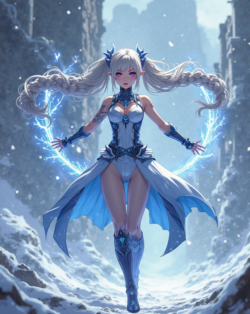 long whitr hair,the elf,teens girl,Aqua blue full body robe,,Ice crystals,icemage,mages,White skin,with light glowing,Floating particles