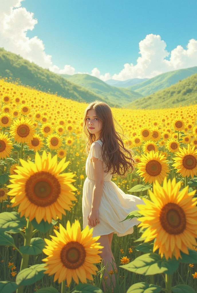 There's a young woman standing in a field of sunflowers, girl standing in flower field, field of sunflowers, girl standing in a flower field, Frontal da menina em um campo da flor, sunflowers in the background, cena : field of sunflowers, cena: field of sunflowers, Retrato da menina no campo da flor, menina em um campo de flores, Menina que caminha no campo da flor, Menina que caminha em um campo de flores