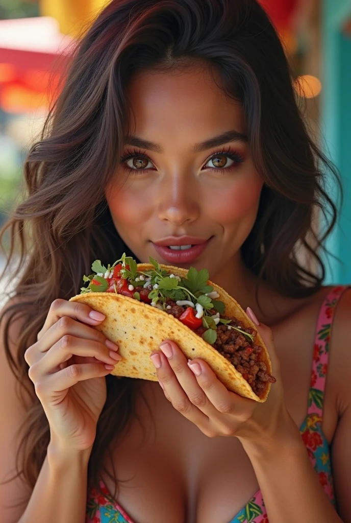 women, 20 years, naked, long brown hair with blonde tips, green eyes, with fox ears and tail, eating guacamole in a mexican restaurant, can of coke on the side, Canon quality photography