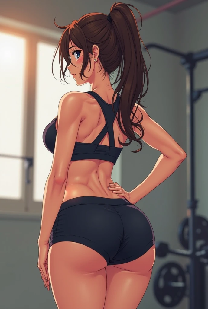 Koyomi Mizuhara, brown hair, long hair, ponytail, glasses, tall girl, gym shirt, breasts, fit body, slim waist, medium ass, tight biker short, thong top of biker short leggings, bra, plump ass cheeks, fit body, slim figure, thirst trap, Nsfw, ecchi, erotic, rule 34, gelbooru, 1998 photo-shoot, ass cheeks, sensual, sexy photos, nice view, smirking for attention, sexy slim figure, side view, sexy big firm butt/ass, set 10 teasing edition