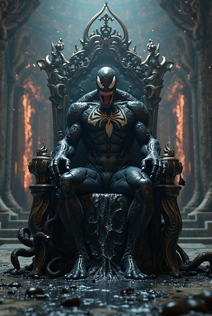 UHD, 4k, ultra detailed, cinematic, a photograph of  <lora:Spawn v1:0.9>
Spawn a man in a living symbiotic costume with a red cape and a black mask sitting on a skull throne in the underworld, medium shot, solo, looking at viewer, 1boy, sitting, green eyes, male focus, cape, muscular, mask, glowing, chain, traditional media, glowing eyes, skull, red cape, throne, knee shot
, epic, beautiful lighting, inpsiring