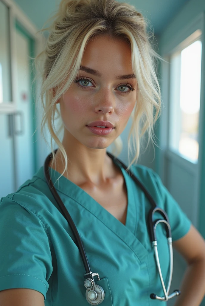 Nurse in blue dress,Caucasian skin, White hair twin braids, showing wet white bra, using a glove,serious look, deep decolte, medium breasts