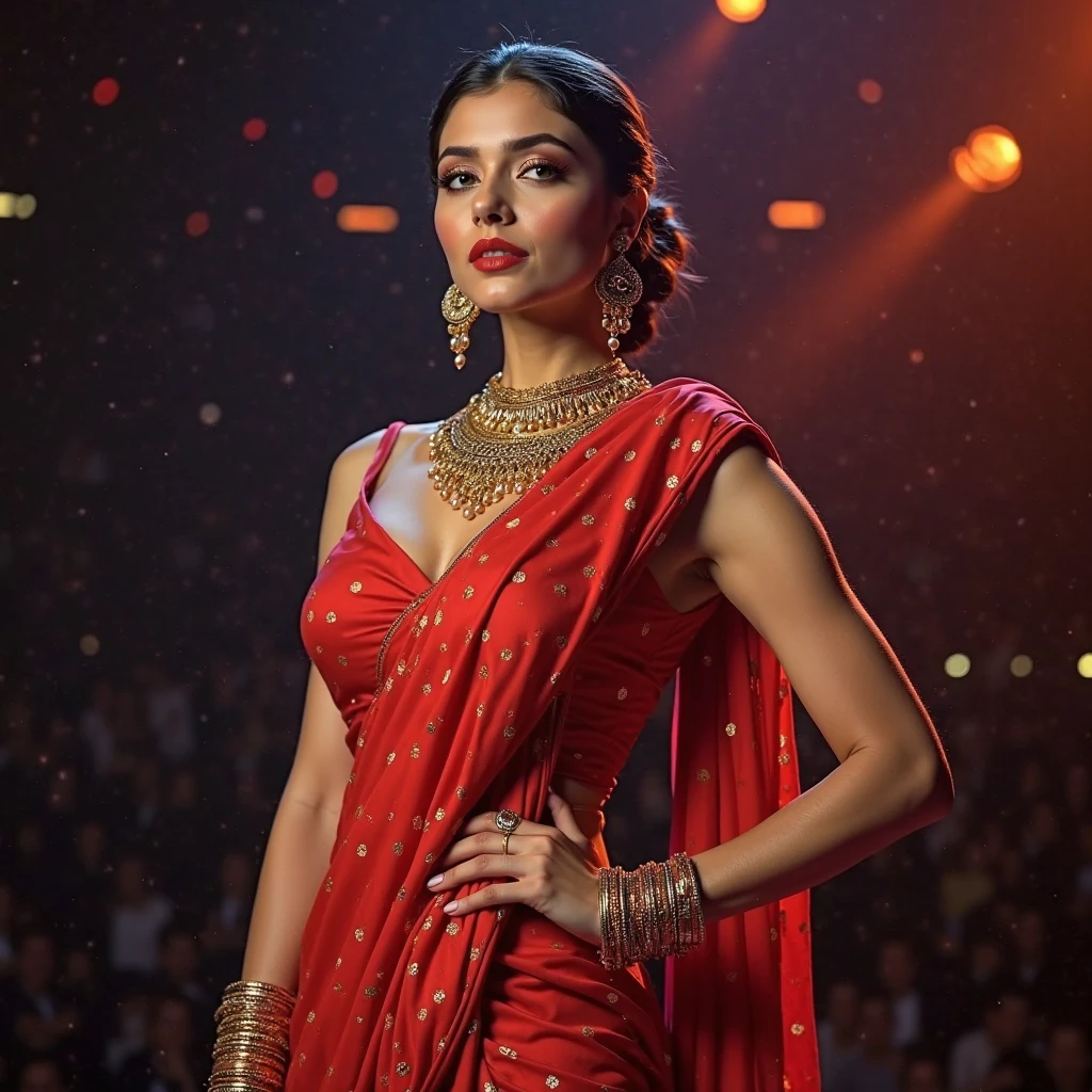upper half body of (A hyper-realistic), (illustration), (high resolution), (8K), (highly detailed), (The best illustration of beautiful detailed image), (top-quality), (ultra-detailed), (masterpiece), (beautiful attractive face), long hair, Earrings with bangs, ((20 year old Indian beautiful girl)) , (((wearing red Indian silk traditional sari draping ))) , (((Glamorous body))) , Elegant Pose, Seduction pose, Looking at the camera, beach background