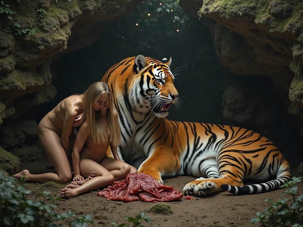 photorealism:1.2) table full of fruits, Naked woman lying on the table and a tiger tastes her 


