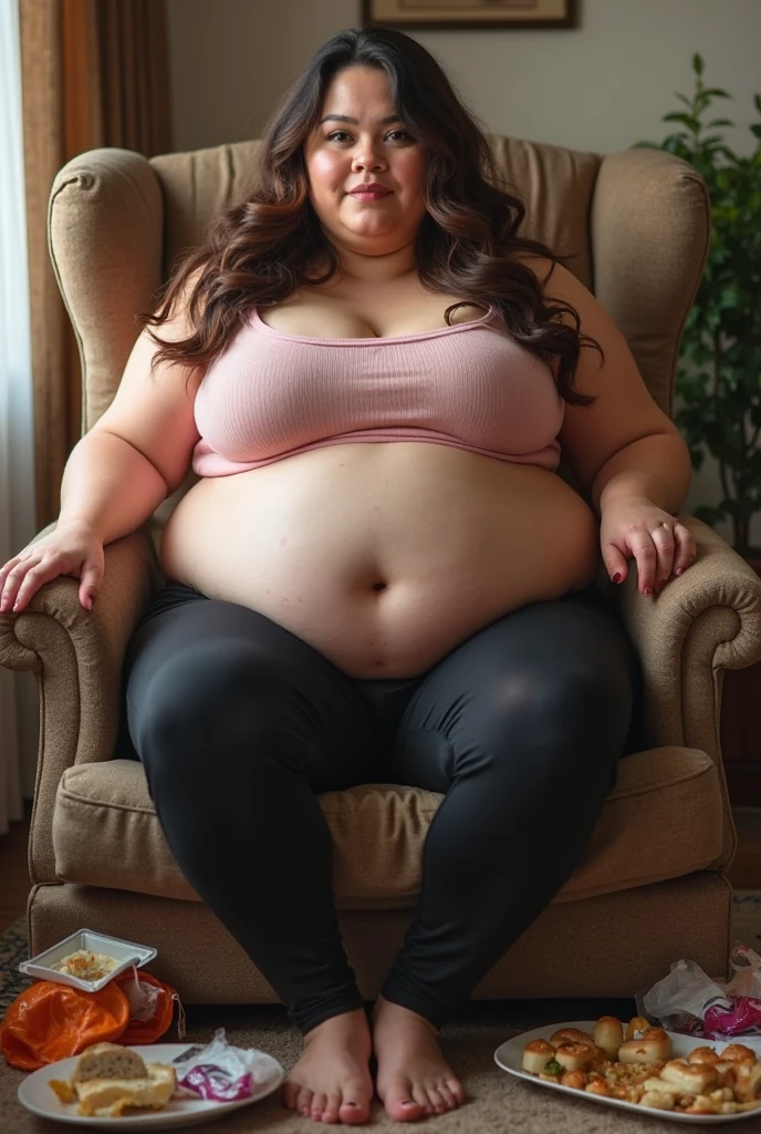 a 10 year old obese girl, chubby cheeks, round face, double chin, thick arms and legs, wearing a , sitting on sofa , realistic, detailed, highly detailed, intricate details, photorealistic, 8k, dramatic shadows, dark moddy collors
