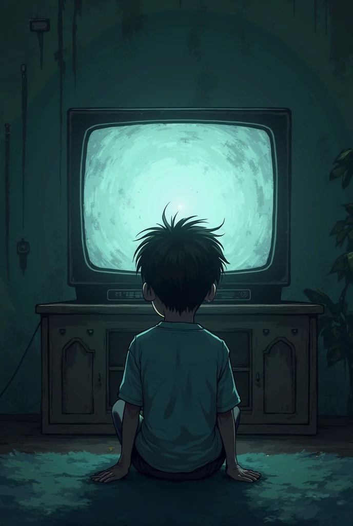 Comic of a boy with his back turned watching TV playing video games, in a bedroom from the 90s, that a simple spaceship game without text is displayed on TV